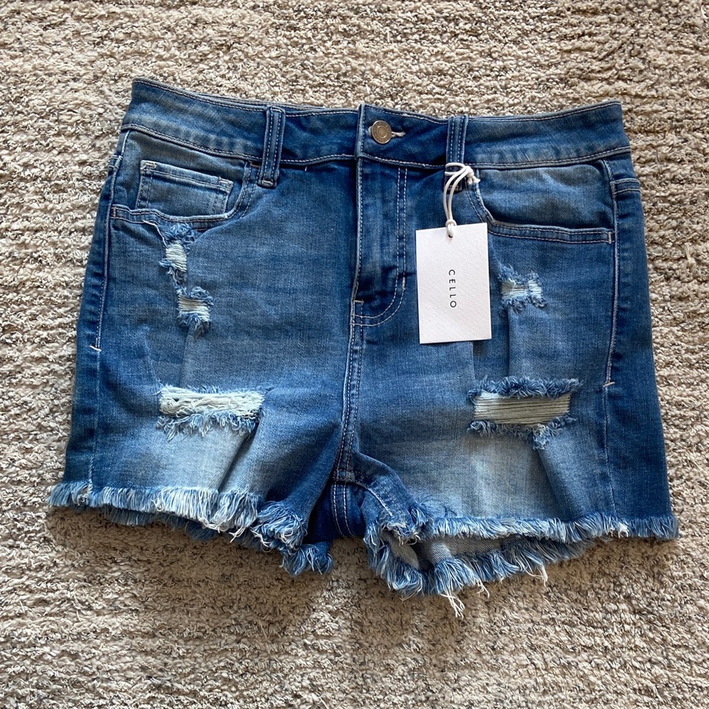 Cello Blue Distressed Denim with Fringe Hem Jorts- Size 11